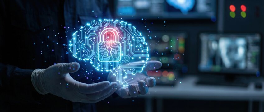 Cybersecurity innovation protecting digital assets with advanced ai technology in a high-tech environment focused on data security and privacy concepts