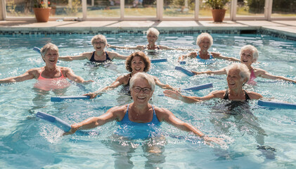 Fototapeta premium Group of happy senior women enjoy water aerobics in a bright swimming pool