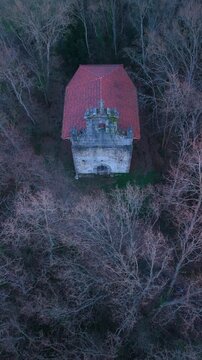 Aerial view from a drone of the Hermitage of Santa Mar&iacute;a Egipciaca in Anzo, in the Mena Valley. Merindades region. Burgos. Castile and Le&oacute;n. Spain. Europe