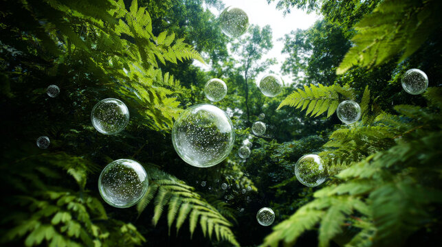O2 bubbles in the middle of a lush forest are a metaphor for the purifying processes of air through nature. plants absorb carbon dioxide and release oxygen into the air. oxygen release concept