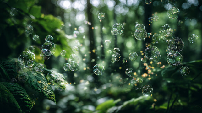 O2 bubbles in the middle of a lush forest are a metaphor for the purifying processes of air through nature. plants absorb carbon dioxide and release oxygen into the air. oxygen release concept