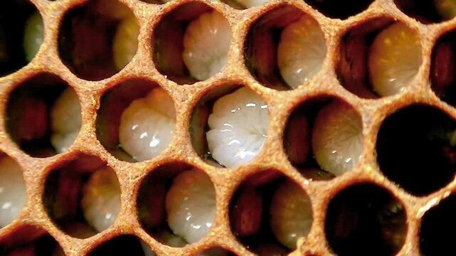 Extreme Macro of Honey Bee Larvae Developing in Hexagonal Wax Cells of a Hive in 4K
