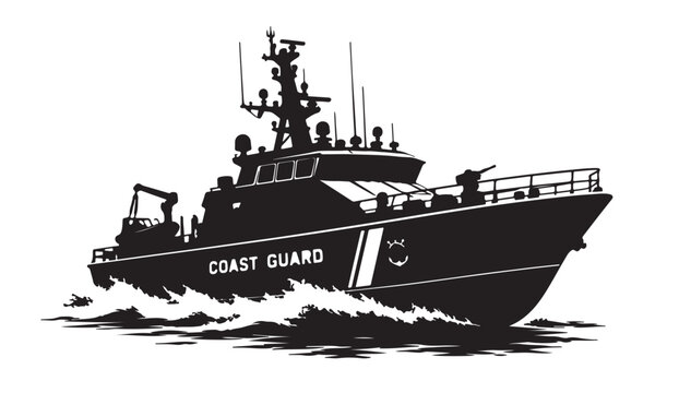Coast Guard Patrol Boat Silhouette Set, Military Ship Vector Collection, Black and White Naval Vessel EPS