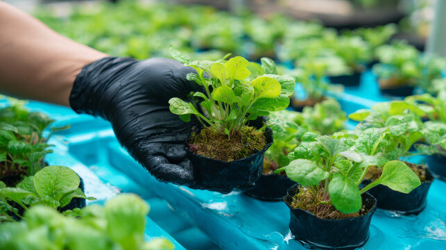 Hydroponics method of growing plants using mineral nutrient solutions, in water, without soil. Close up planting hand Hydroponics plant