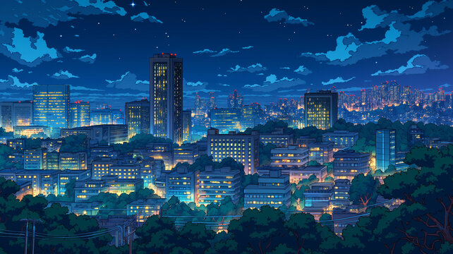 星が輝く夜空と都市の灯りが広がる景観を描いた背景イラスト素材で、高層ビルと住宅街のバランスが美しい夜の街並みを表現した高品質ビジュアル