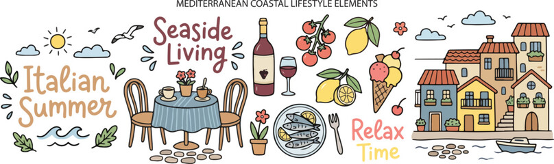 Naklejka premium Italian Coastal Lifestyle Summer Vacation Travel Cafe Food Mediterranean Italy, Illustration Doodle Elements Cartoon Collection