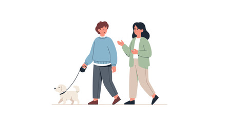 Fototapeta premium Couple walking dog, people with pet, white dog, casual outfit, flat illustration, vector characters