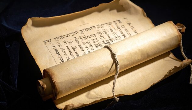 A detailed view of an ancient parchment scroll with Hebrew script, aged and tied with twine