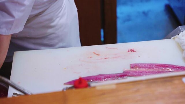 Sushi Chef Prepares Sama, Pacific Saury for Omakase Sashimi Course, Japan