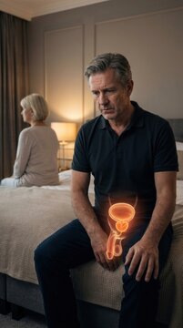 Adult male suffering: prostate condition, erectile dysfunction, urinary problem, intimate discomfort, marital pain, sexual challenge, relationship burden.