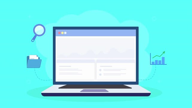 Animated laptop displaying search and file dashboard with magnifier, folder icons, and data analytics elements in clean flat design on teal background.