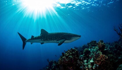 Fototapeta premium Whale Shark Gliding Gracefully Under Sunlight Rays in Deep Blue Ocean Waters Near Coral Reef