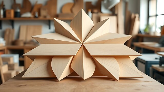 Geometric arrangement of precision-cut balsa wood pieces, showcasing craftsmanship and texture.