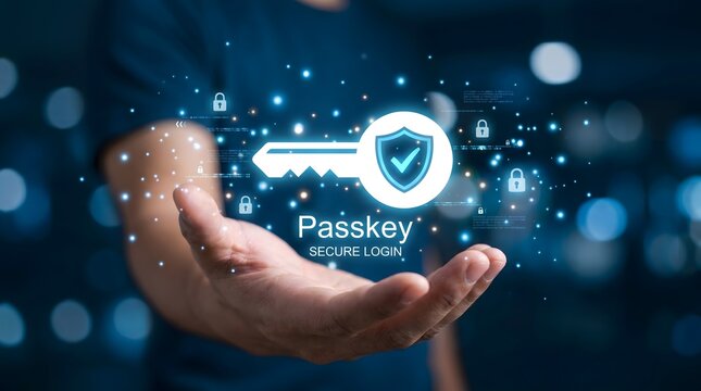 Secure login, passkey authentication, cybersecurity concept, futuristic technology