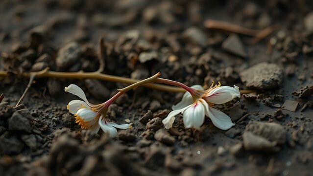 Trampled wildflower in muddy soil under soft morning light, close-up view.