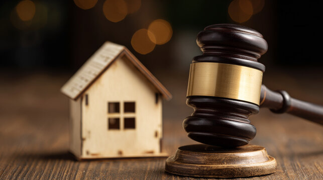 Legal issues in real estate transactions. A small model house and a judge's gavel