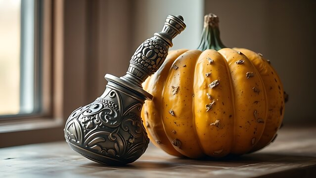 Carved metal bombilla resting against a textured mate gourd.