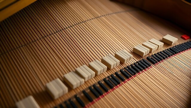 Interior view of a grand piano showing felt dampers on strings.
