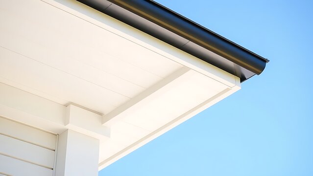 Clean white soffit board under eaves contrasting with dark rain gutter.