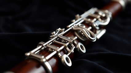 Obraz premium An elegant oboe with silver keys resting on dark velvet fabric.