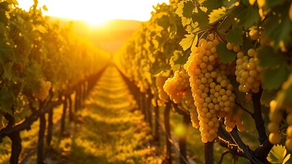 Fototapeta premium A sun-drenched Italian vineyard at golden hour, rows of grapevines heavy with fruit.