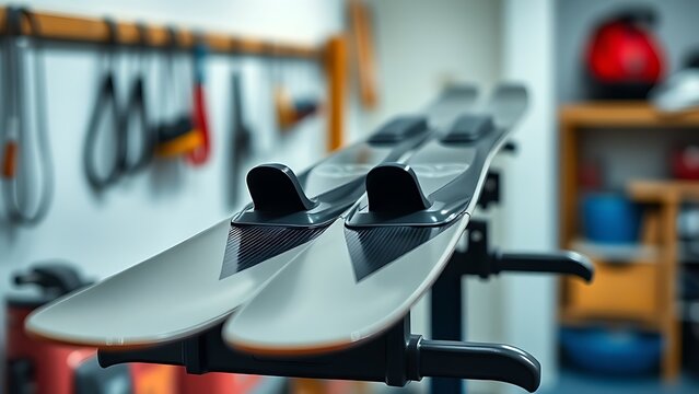 Two long competition waterskis on a maintenance rack in workshop.