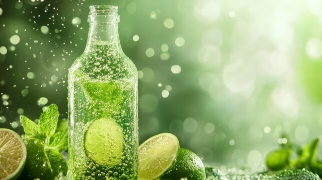 lime and mint syrup in bottle with bubbles .