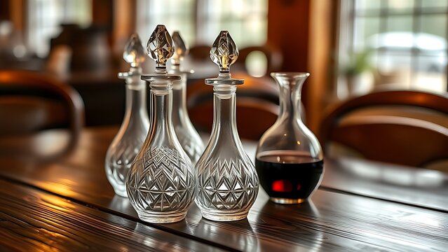 Elegant glass cruets on a rustic wooden table with warm reflections.