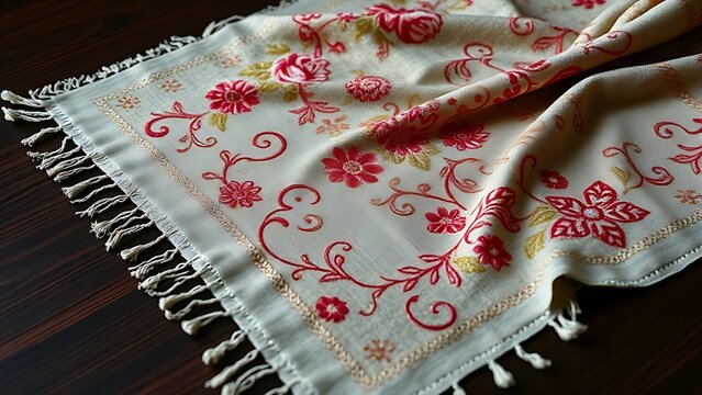 Intricately woven pashmina shawl with floral embroidery on dark wood.
