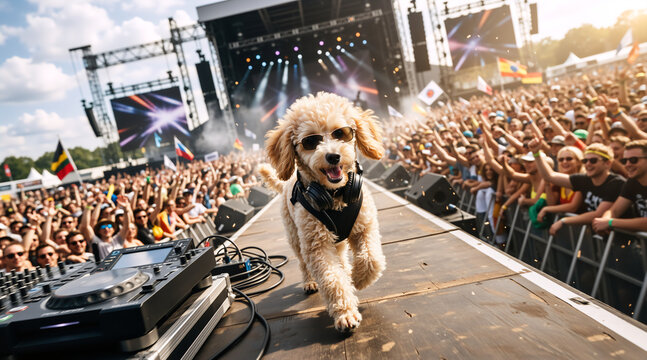 Cool dog wearing sunglasses and headphones walking on a stage runway. Funny pet DJ performing at an outdoor summer music festival with a cheering crowd. Live concert entertainment concept