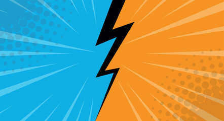 Fototapeta premium Dynamic pop art versus background with bold lightning bolt dividing blue and orange halftone rays. High contrast comic style for battle competition or rivalry themes, posters branding or social media.