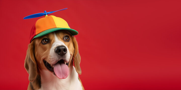 A funny beagle dog wearing a colorful propeller hat. Cute pet portrait on a solid red background with copy space