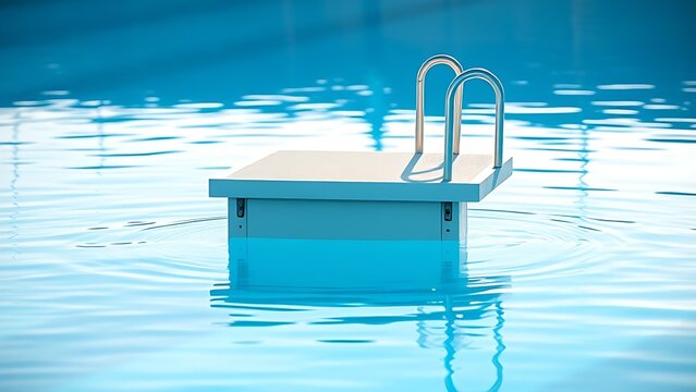 A professional diving springboard curving over calm blue pool water.