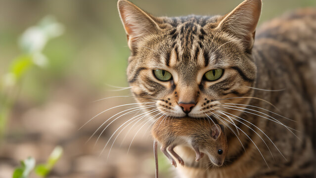 A tabby cat with green eyes holding a mouse in its mouth. Feline hunter with its caught prey. Natural instinct and survival concept