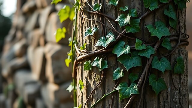 Close-up of thick vines tightly cinching around an ancient stone pillar, creating deep grooves.