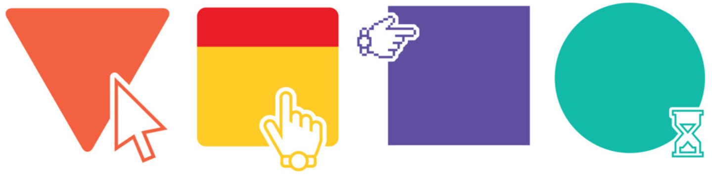 Four graphic interface icons red triangle with arrow cursor red, yellow, square with pointing finger purple pixel hand pointing inward turquoise circle with hourglass for UI UX app or game design.