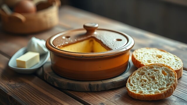 Round earthenware terrine with bread and butter on a rustic table.