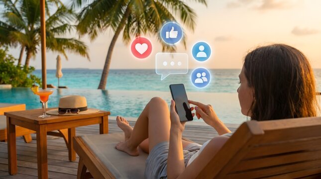Woman relaxing on beach, using smartphone, social media icons, tropical getaway, vacation mode