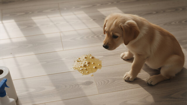 Sad puppy sitting next to a urine puddle on the floor. Guilty Labrador retriever after a house training accident at home. Pet care and potty training problems concept