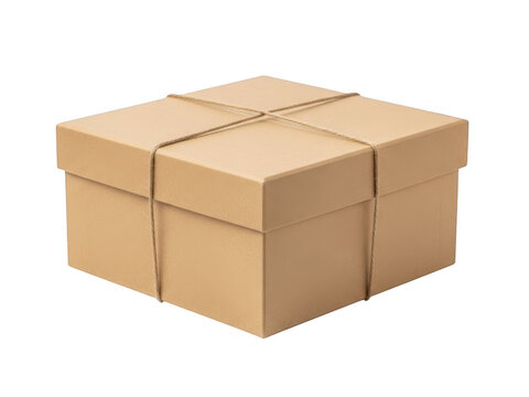 Brown cardboard box tied with string isolated on transparent background