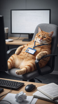 Vertical portrait of a funny ginger tabby cat sitting in an office chair. Boss cat wearing an ID badge lanyard at a desk. Corporate humor and pet friendly workplace concept