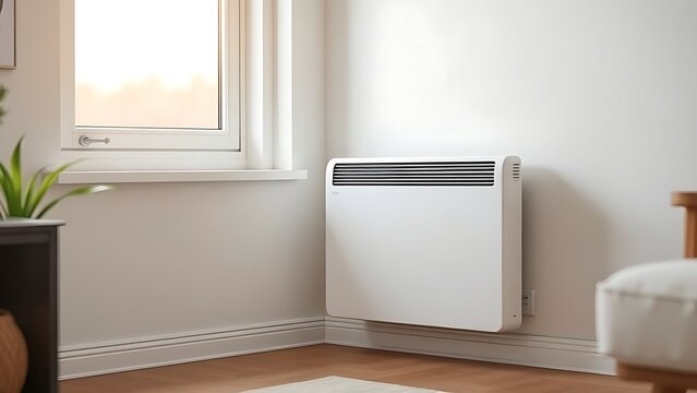 Sleek white convector heater under window in modern living room.