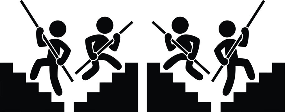 Two pairs of figures wielding spears on elevated platforms with staircases