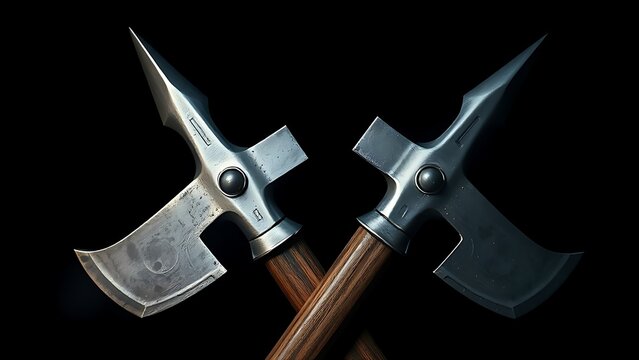 Two medieval halberds crossed, reflecting cold light on a dark background.