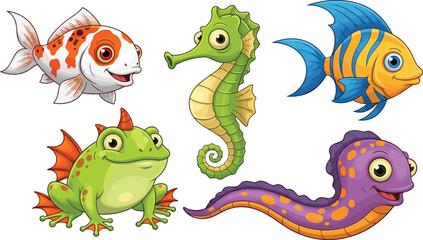 Obraz premium Cute Sea Animals and Fantasy Creatures Collection with Cartoon Fish Seahorse Frog and Eel Colorful Aquatic Characters Vector Illustration Set.