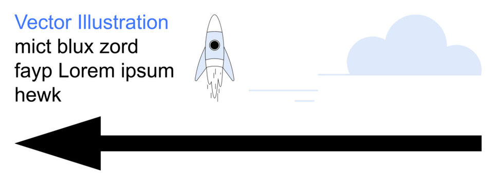 Space exploration, innovation, direction, progress, technology, futuristic design. A rocket launching next to a large black arrow and cloud. s space exploration and innovation
