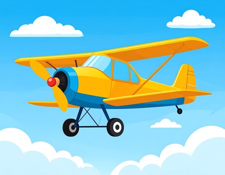 Vintage Yellow Airplane Flying Clouds.