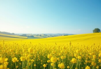 Obraz premium Golden Carpet of Rapeseed Fields Stretching Across Undulating Farmland Under Clear Blue Horizon
