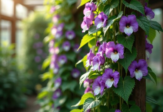 Fragrant Sweet Pea Climbing Vines Enveloping Trellis Design with Blooming Flowers and Lush Green Foliage