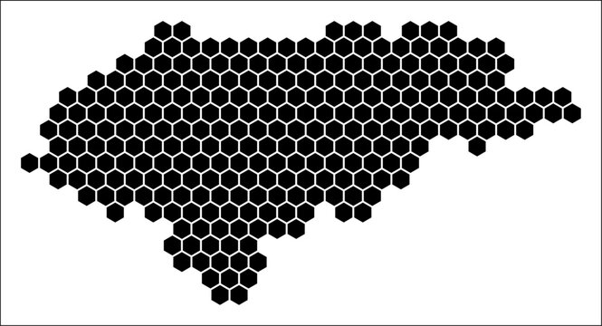 Honduras simple black and white hexagon map shape template. Country plain hexagon cell dots. Honduras flat honeycomb boundary. Vector Illustration.